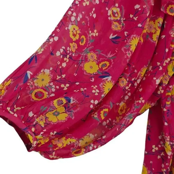 Saloni Chloe Silk Floral Blouse Top Size 4 Pink Button Front Ruffles Feminine - Picture 5 of 14